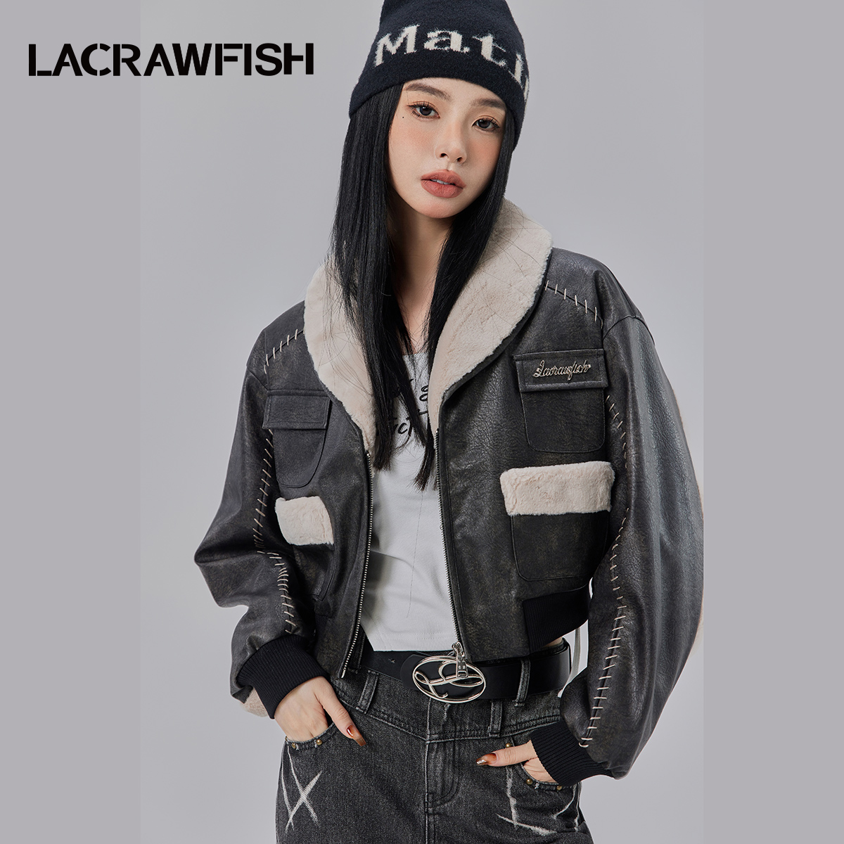LACRAWFISH仿貂毛拼接皮衣