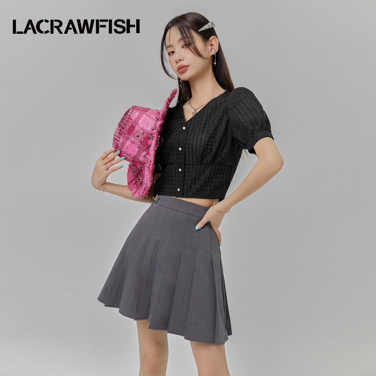 LACRAWFISH泡泡袖V领短款衬衫