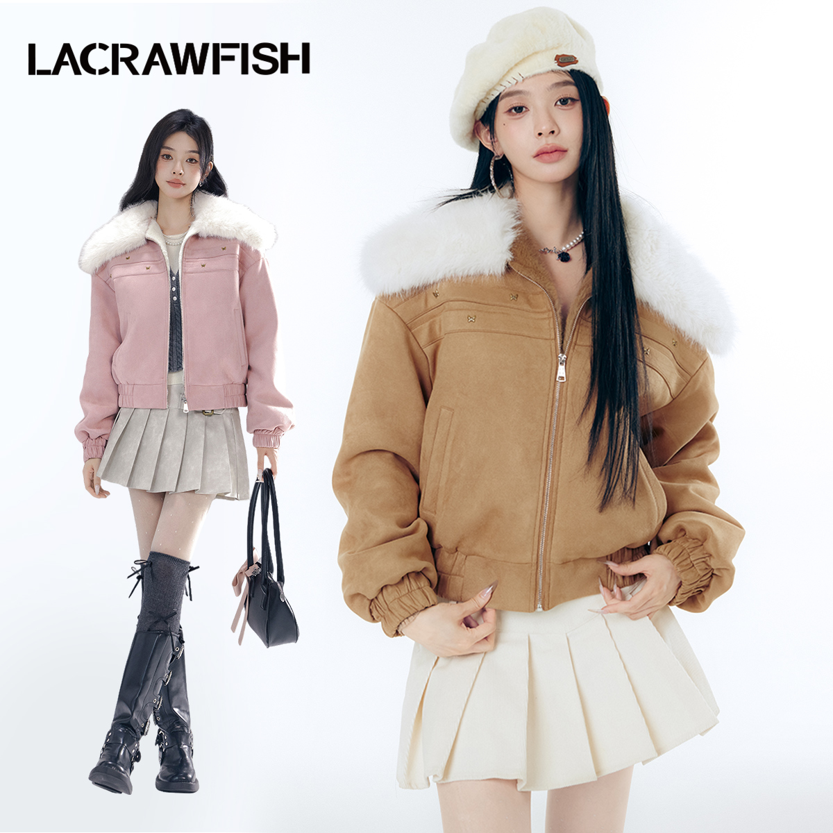 LA CRAWFISH2024冬季新款复古可拆卸毛领加绒加厚麂皮夹克外套女