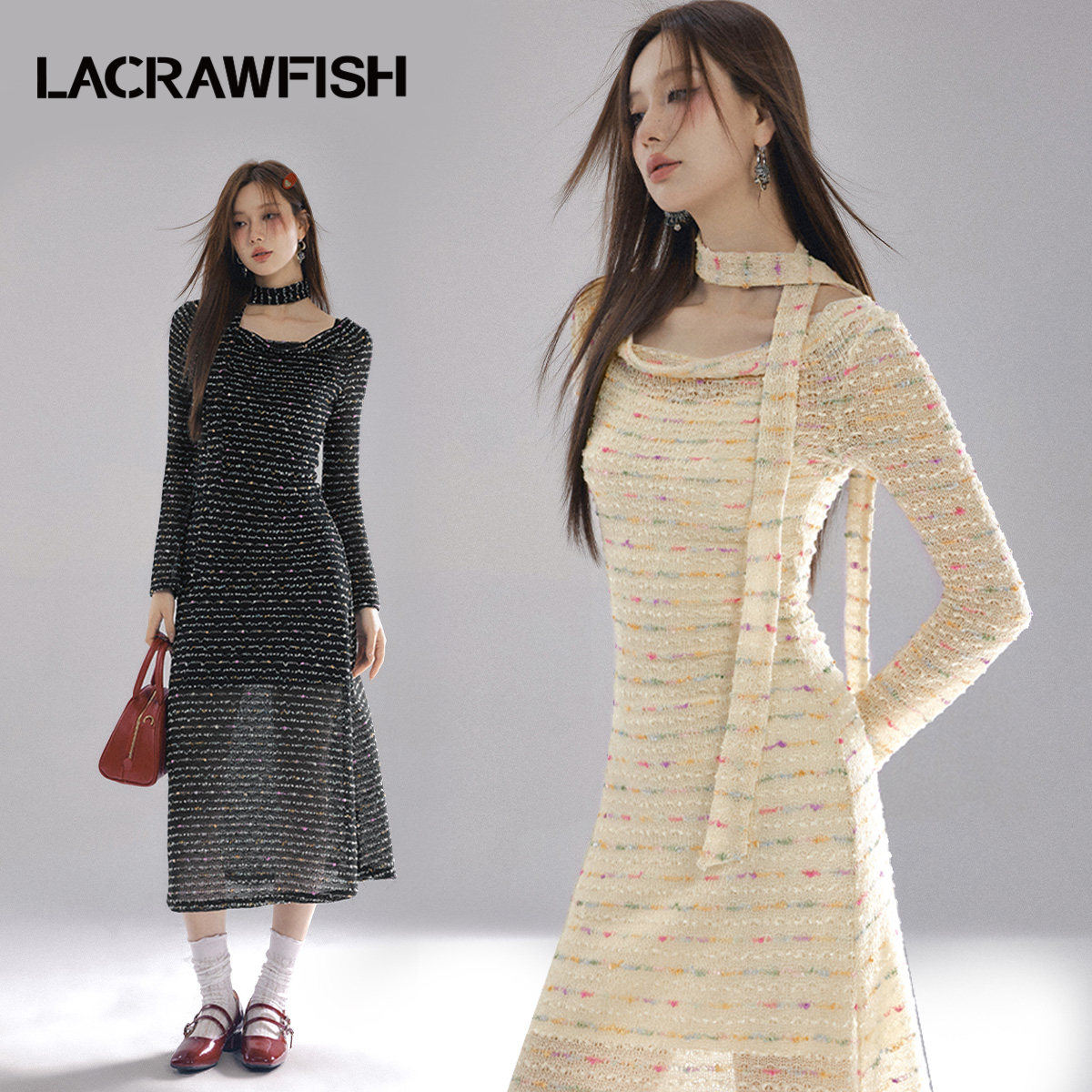 LA CRAWFISH柔美少女感彩色条纹荡领针织镂空长款连衣裙三件套女