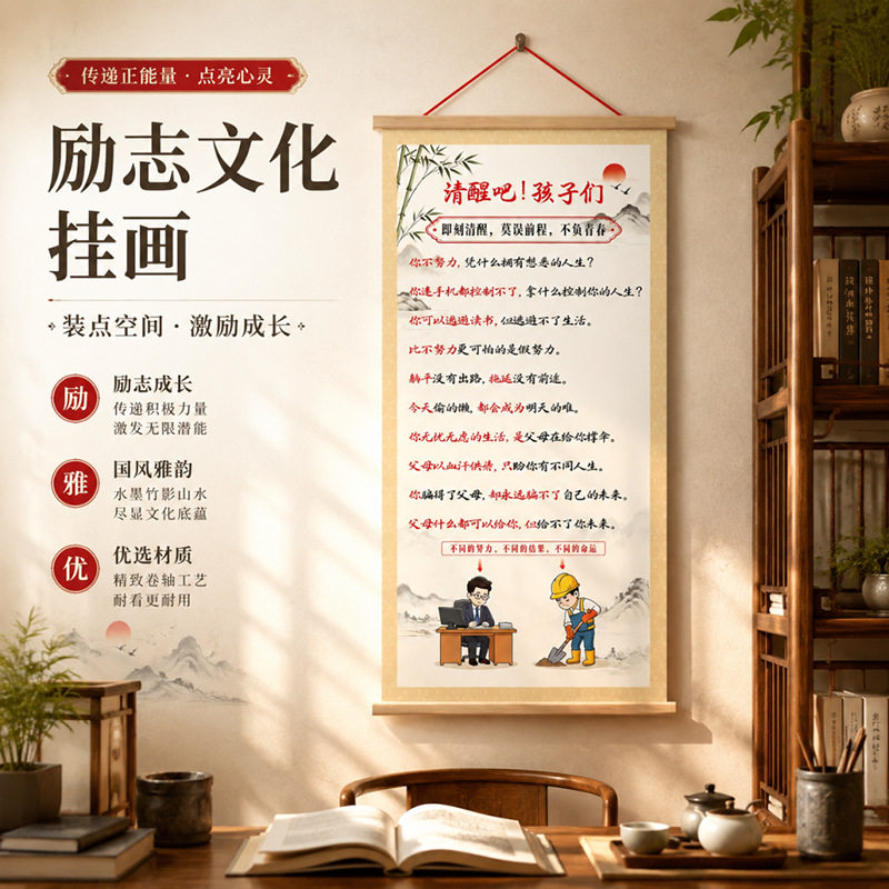 励志文化挂画清醒吧孩子们卷轴画现代装饰画