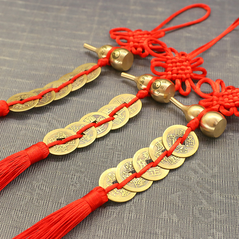 黄铜上开盖福禄安康铜葫芦吉祥结穿青龙白虎空心铜葫芦五帝钱