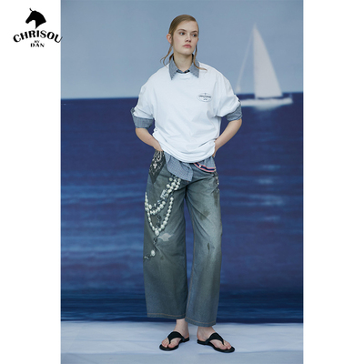 【王霏霏同款】chrisoubydan欧阳丹2025早秋新款链条印花牛仔长裤