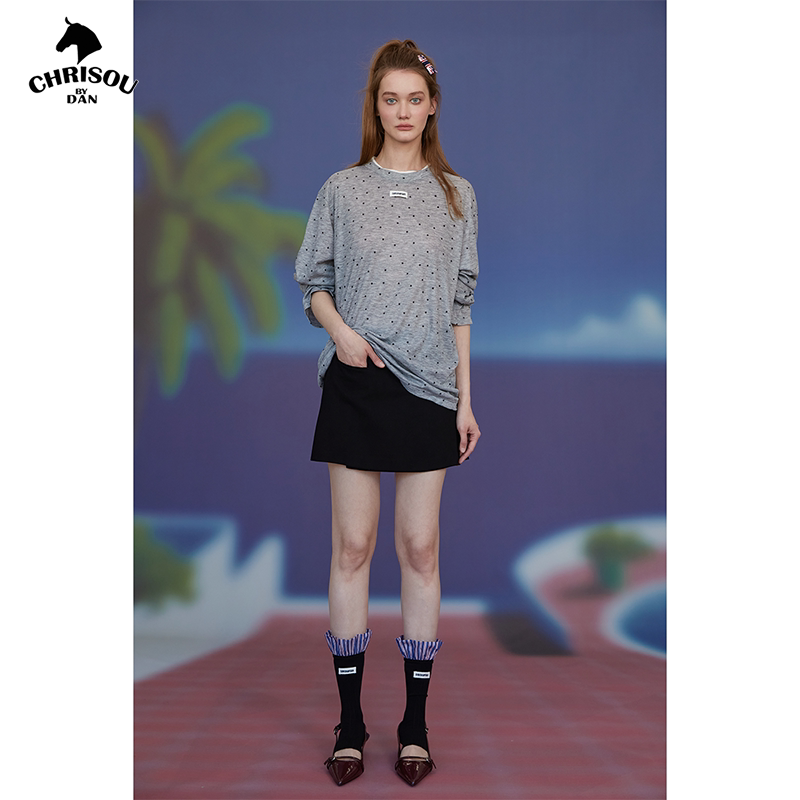 chrisoubydan欧阳丹2025春夏新款波点上衣t恤