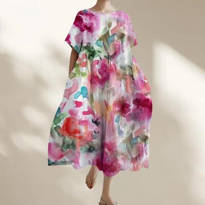 跨境外贸日系热卖独立站3D工艺外贸圆领美女士新款大码棉麻连衣裙