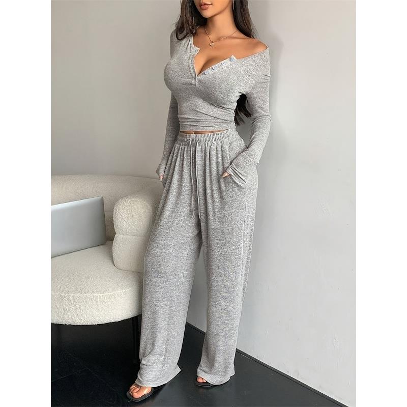 欧美时尚长袖T恤上衣长裤休闲运动套装女 Top Tee Pants Suit Set