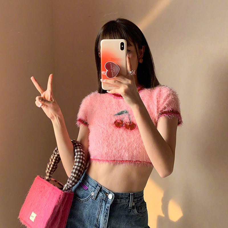 Crew neck open navel sweater T-shirt圆领露脐编织樱桃毛衣T恤