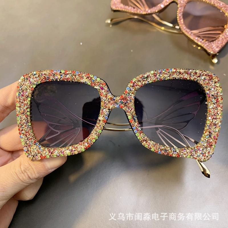夸张镶闪钻大框显瘦金属蝴蝶形腿墨镜女潮时尚太阳眼镜Sunglasses