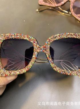 夸张镶闪钻大框显瘦金属蝴蝶形腿墨镜女潮时尚太阳眼镜Sunglasses