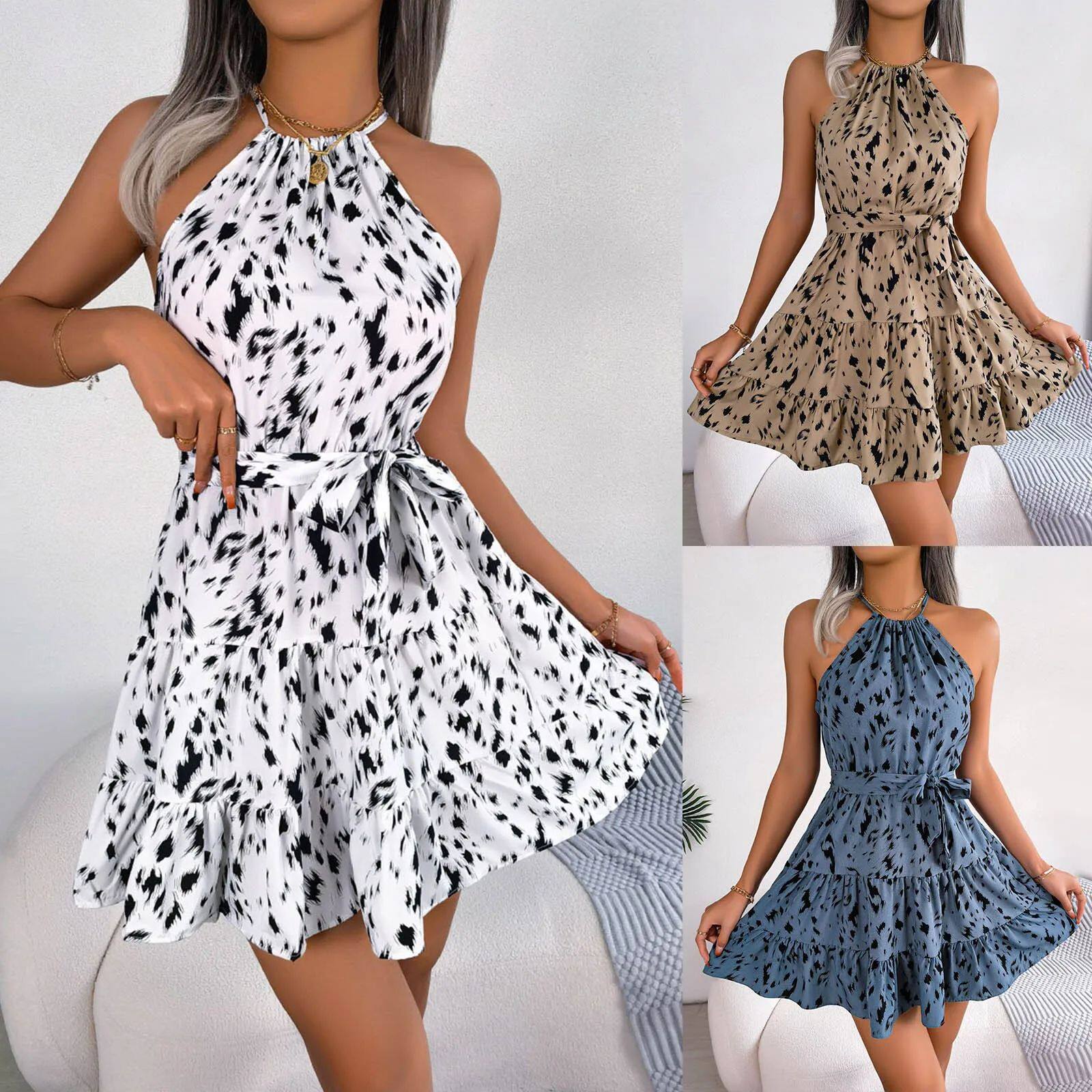 Summer leopard print ruffle hem hanging neck dress挂脖连衣裙