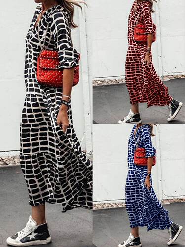 Printed leopard print V-neck big swing dress women大摆长裙女