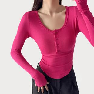 欧美风修身显瘦短款纽扣开襟圆领长袖T恤女春秋季弧形下摆打底衫