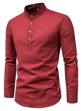 sleeve cotton linen shirt mens新男士棉麻长袖透气纯色立领衬衣