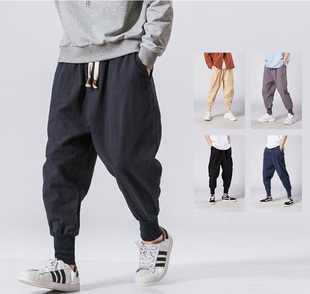 Men Harem Pants Japanese Casual Cotton Linen Baggy Trouser