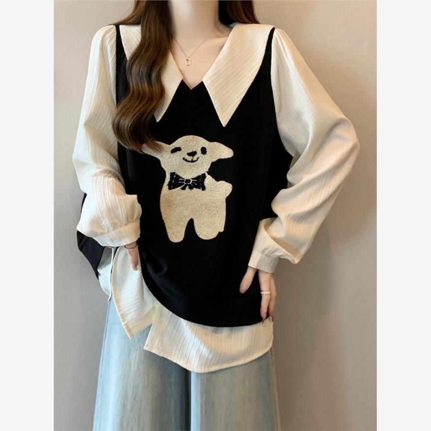 大码法式假两件拼接长袖打底衫T恤女胖mm早秋高级感显瘦遮肚上衣