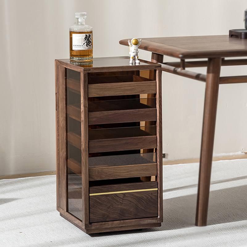 北美黑胡桃木茶桌边柜玻璃茶具收纳展示柜移动茶台牙科柜置物架