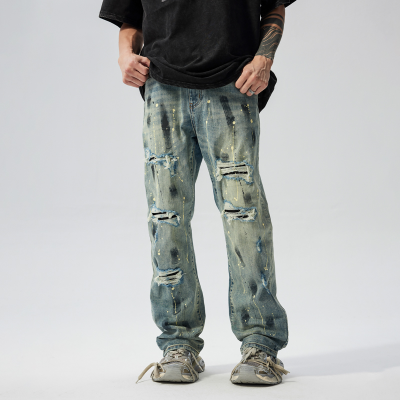 新因素美式高街泼墨破洞乞丐裤男