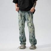 男小众宽松直筒乞丐裤 新因素XINYINSU美式 高街头泼墨破洞牛仔裤 潮