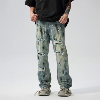 新因素美式高街泼墨破洞乞丐裤男