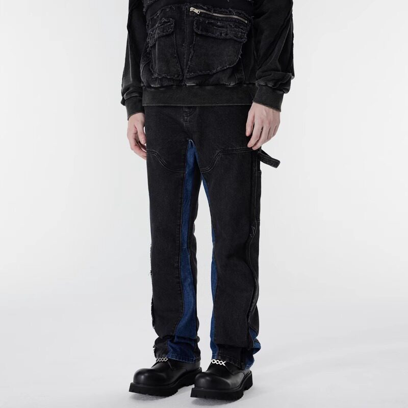 新因素国潮流美式高街头拼接牛仔裤男女宽松休闲做旧帅气百搭裤子