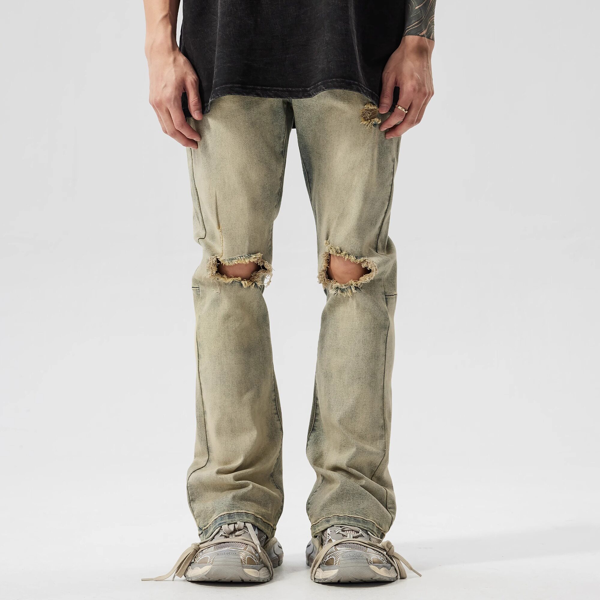 新因素潮流高街破洞修身微喇牛仔裤男休闲百搭做旧薄款vibe风裤子