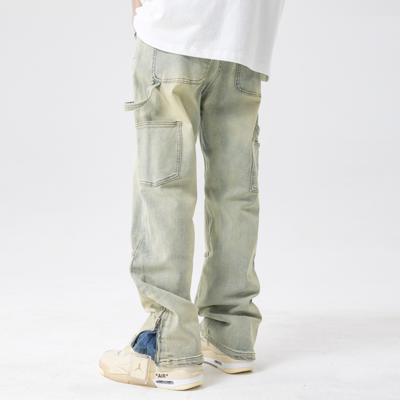 新因素黄泥染裤腿拉链宽松牛仔裤