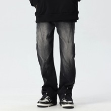 PilotDragon黑色宽松微喇牛仔裤PD39000新因素美式高街休闲排扣裤