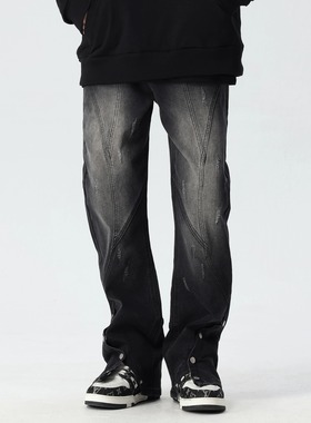 PilotDragon黑色宽松微喇牛仔裤PD39000新因素美式高街休闲排扣裤