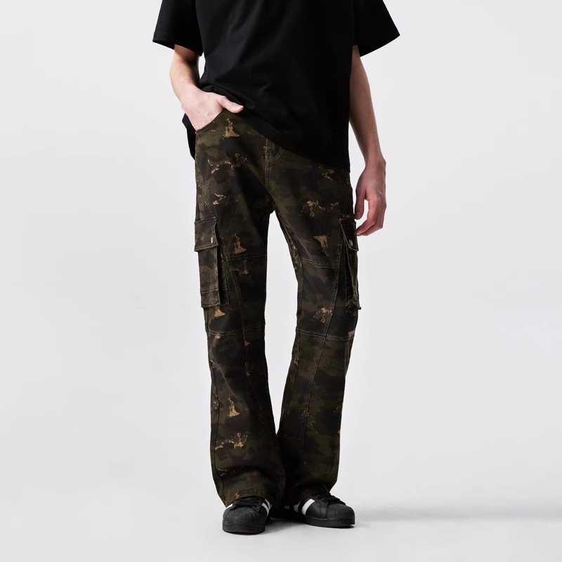 新因素美式复古迷彩工装牛仔裤男女宽松高街微喇高腰阔腿迷彩裤子