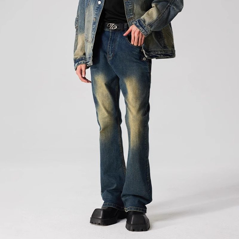 新因素美式高街微喇叭牛仔裤男潮水洗做旧宽松休闲显瘦深蓝裤子女