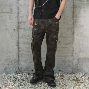 新因素美式复古迷彩工装宽松修身男款伐木高街微喇牛仔裤女酷飒风