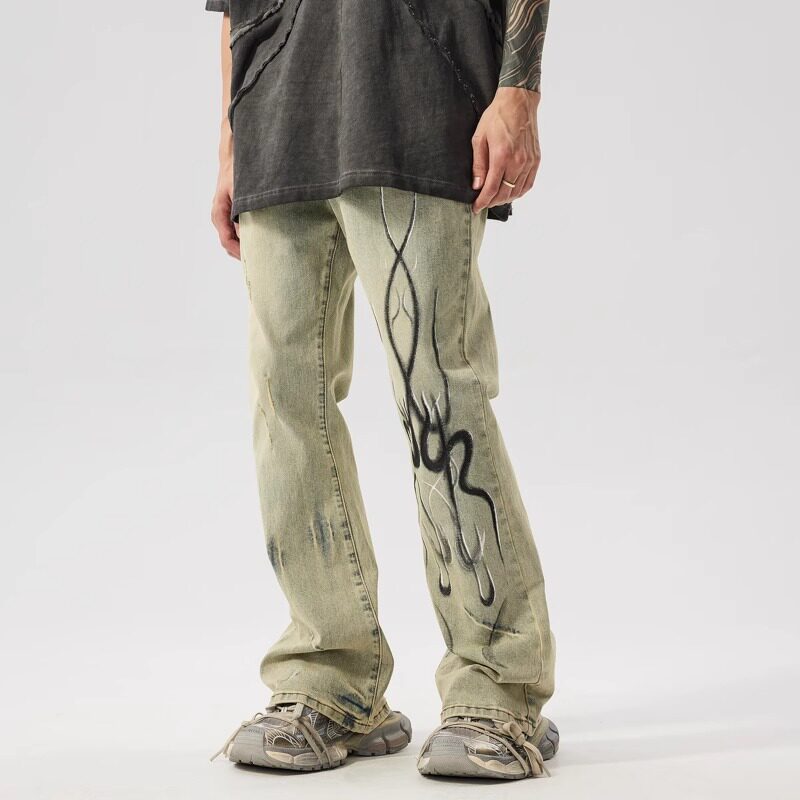 新因素XINYINSU美式复古火焰牛仔裤男水洗做旧高街微喇叭vibe裤子