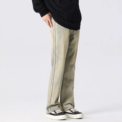 新因素黄泥染阔腿修身显瘦牛仔裤