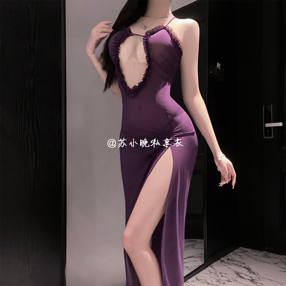苏小晚 绯色浪漫夜~性感蕾丝花边挂脖吊带裙御姐免脱睡衣裙长裙