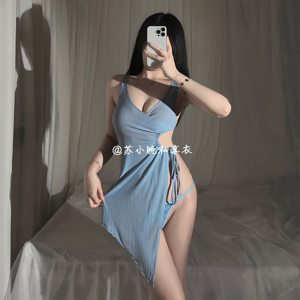 苏小晚 性感蓝色镂空系带高开叉连衣裙纯欲诱惑内衣家居服睡衣裙