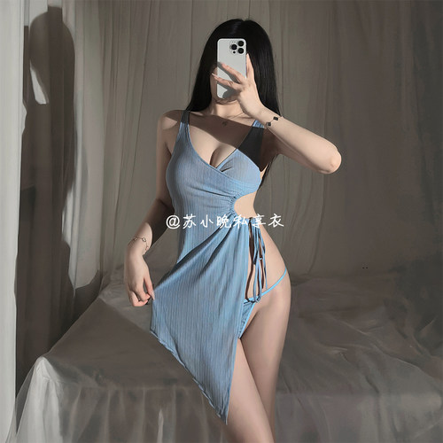 苏小晚 性感蓝色镂空系带高开叉连衣裙纯欲诱惑内衣家居服睡衣裙