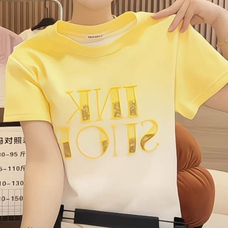 韩版渐变晕染亮片刺绣设计感夏季新款短袖T恤女宽松显瘦百搭上衣