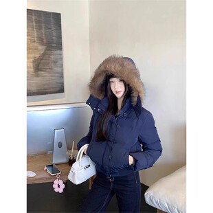 藏青色大毛领连帽羽绒棉服外套女冬季新款防寒面包服加厚棉衣短款