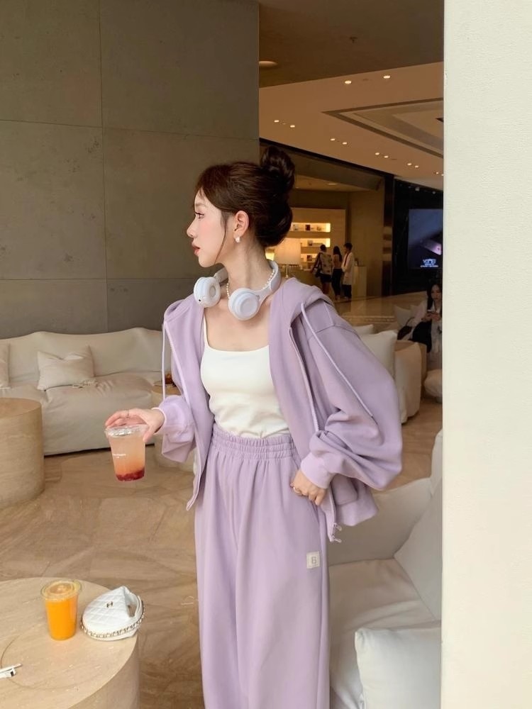 纯棉女士卫衣外套复古卫裤套装紫