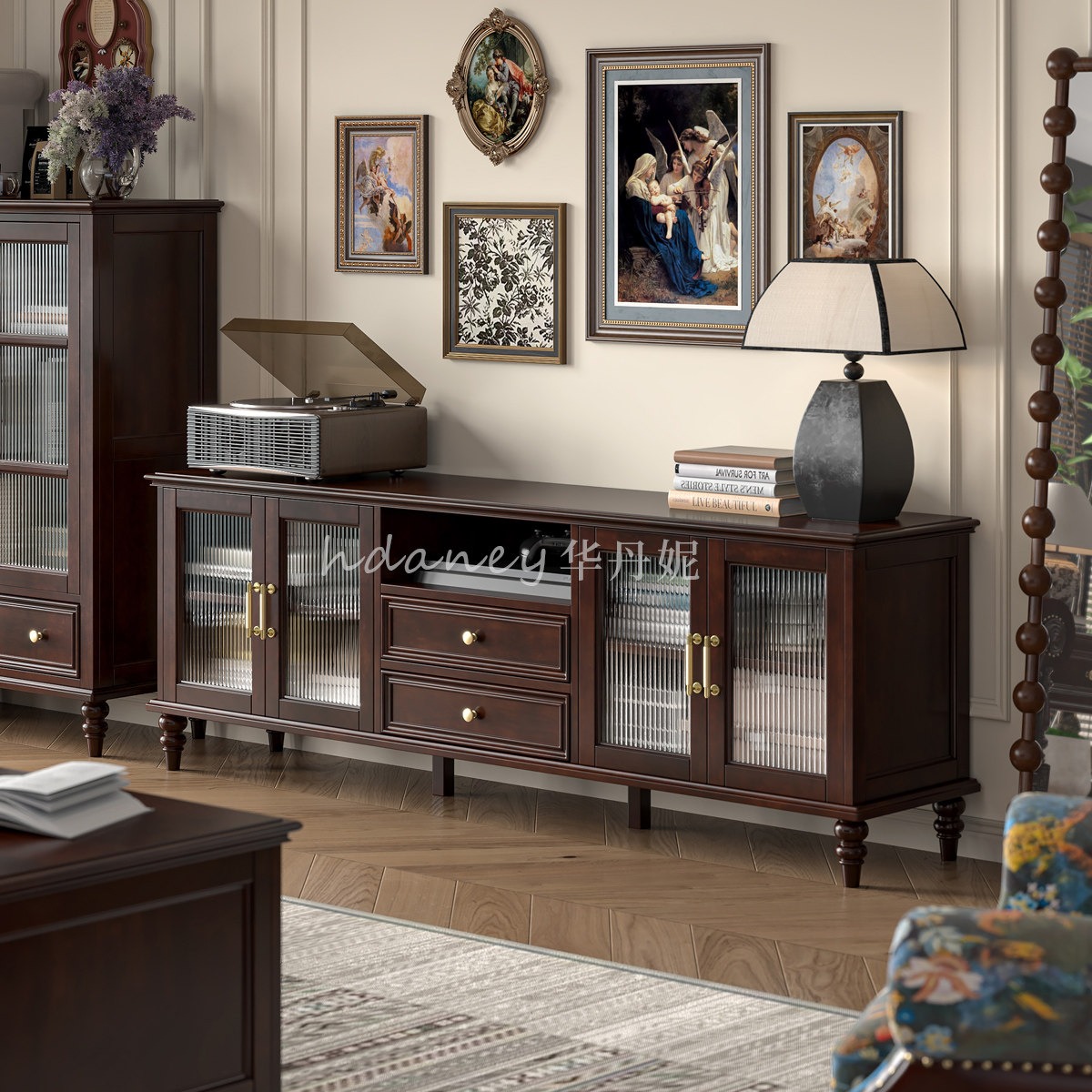 美式纯实木电视柜茶几组合复古客厅卧室2.2m樱桃木高款玻璃收纳柜