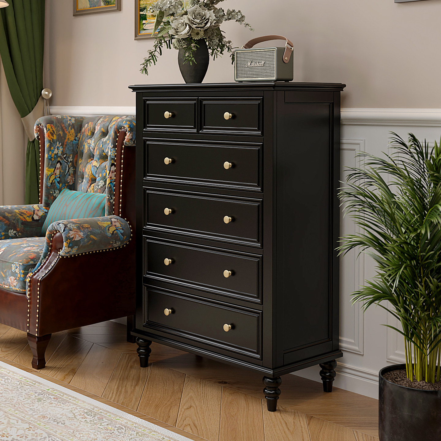 法式斗柜纯实木美式六斗柜复古客厅九抽屉柜卧室储物收纳柜子黑色
