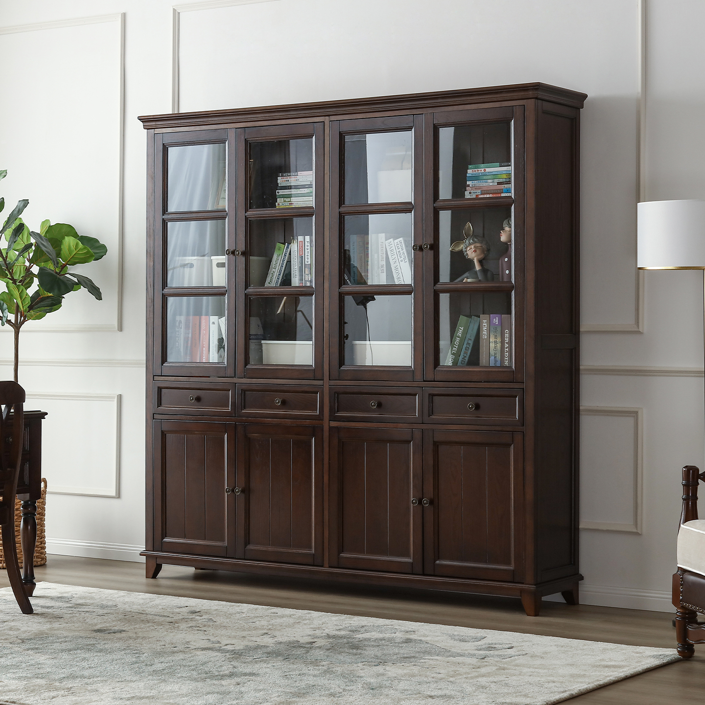 美式乡村实木书柜三四门玻璃门复古书橱书房展示收纳储物柜架子