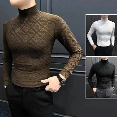 简居轻奢提花半高领男士K长袖t恤爆款秋冬季痞帅高级感男款打底衫