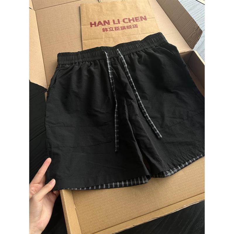 师凯服饰Amphelisia美式黑白格子拼接男夏薄款速干撞色四分短裤
