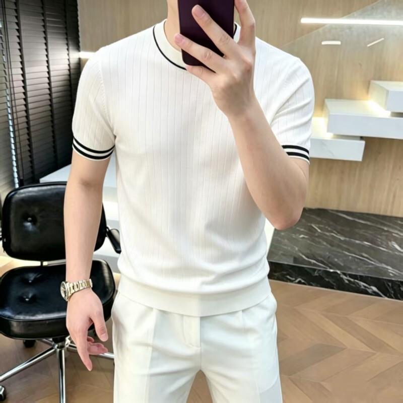 高端品牌冰丝针织衫短袖男2026新款潮牌休闲修身高品质透气T恤帅
