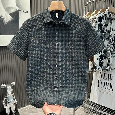 阚碧清男装专X柜h轻奢日系格子衬衫短袖高级感夏u季百搭薄款衬衣