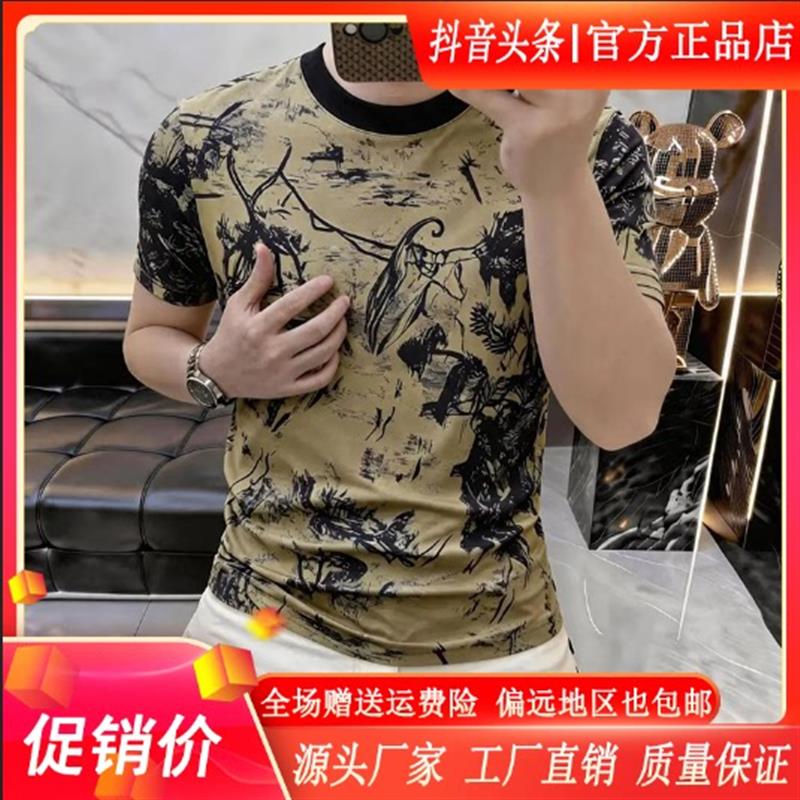 尤米轻奢男装LMVQ水墨画印花圆领短袖男士修身休闲百搭半袖T恤