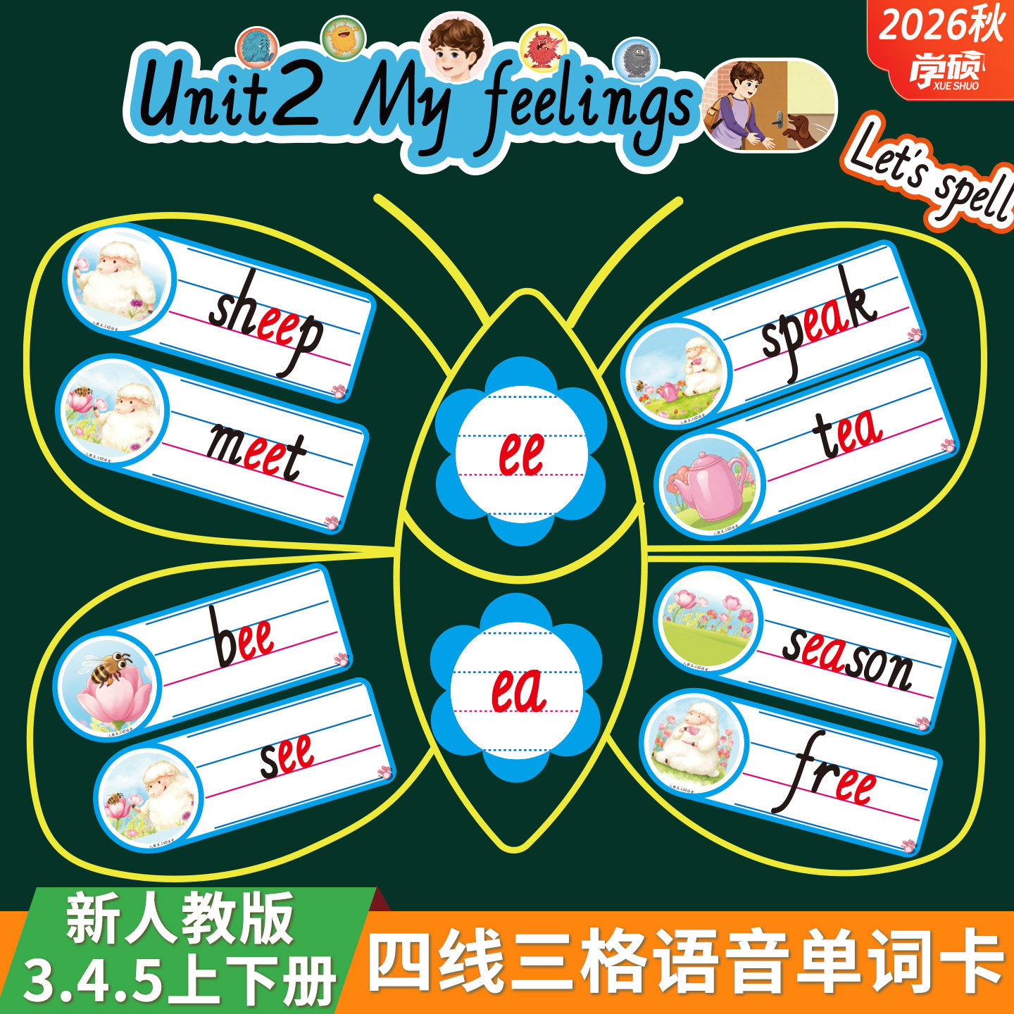 2026秋新人教PEP小学3三4四5五年级上下册英语let's spell四线三格语音课单词卡片板书设计课堂黑板贴条教具