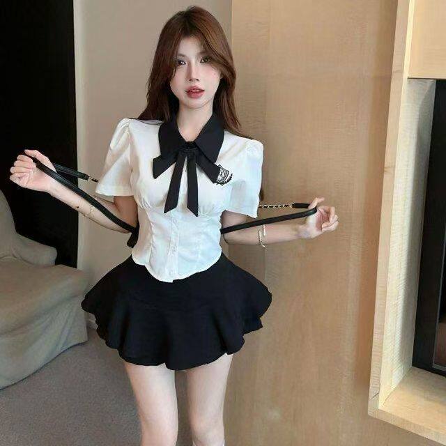 韩版小众学院风jk套装刺绣polo领衬衫上衣女蓬蓬半身裙子两件套女