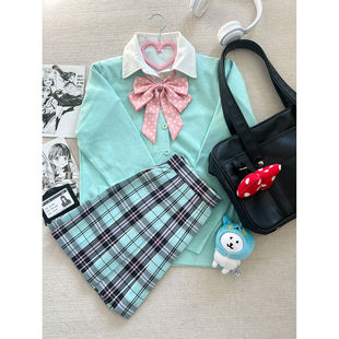 【开衫叠穿六件套】风吹麦香jk制服正版原创长袖毛衣格裙秋冬套装